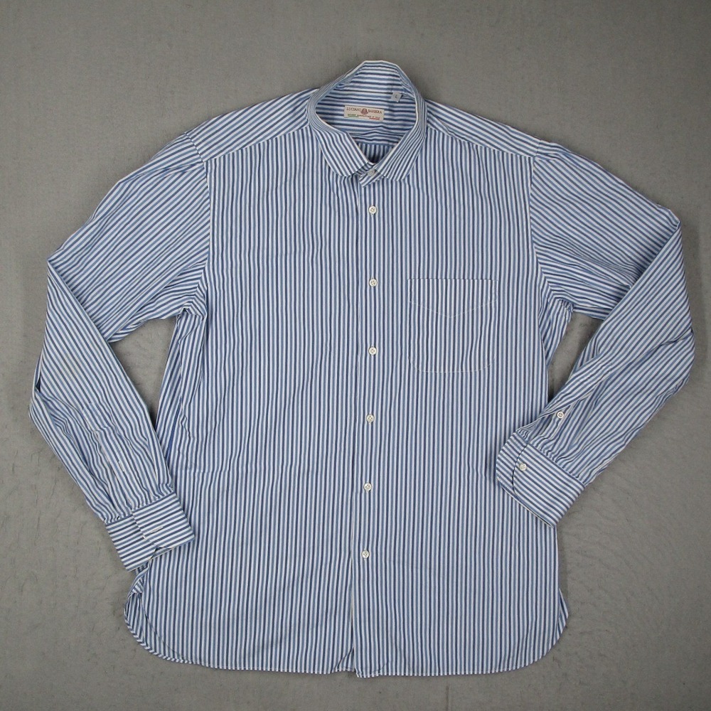 Luciano Barbera Men Large Blue White Striped Club Collar Button Down Shirt Italy